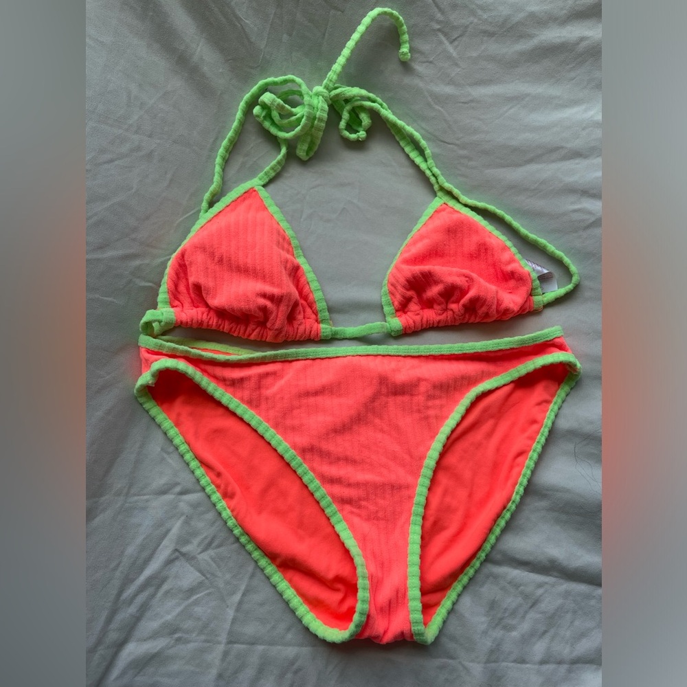 Never worn neon green and orange terry cloth bikini